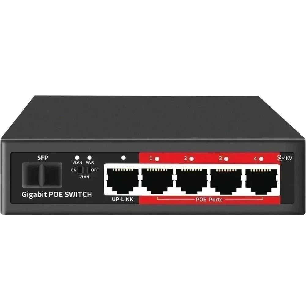 5 Port Gigabit Ethernet Unmanaged PoE Switch 4 Gigabit PoE 52W Built in Power 1